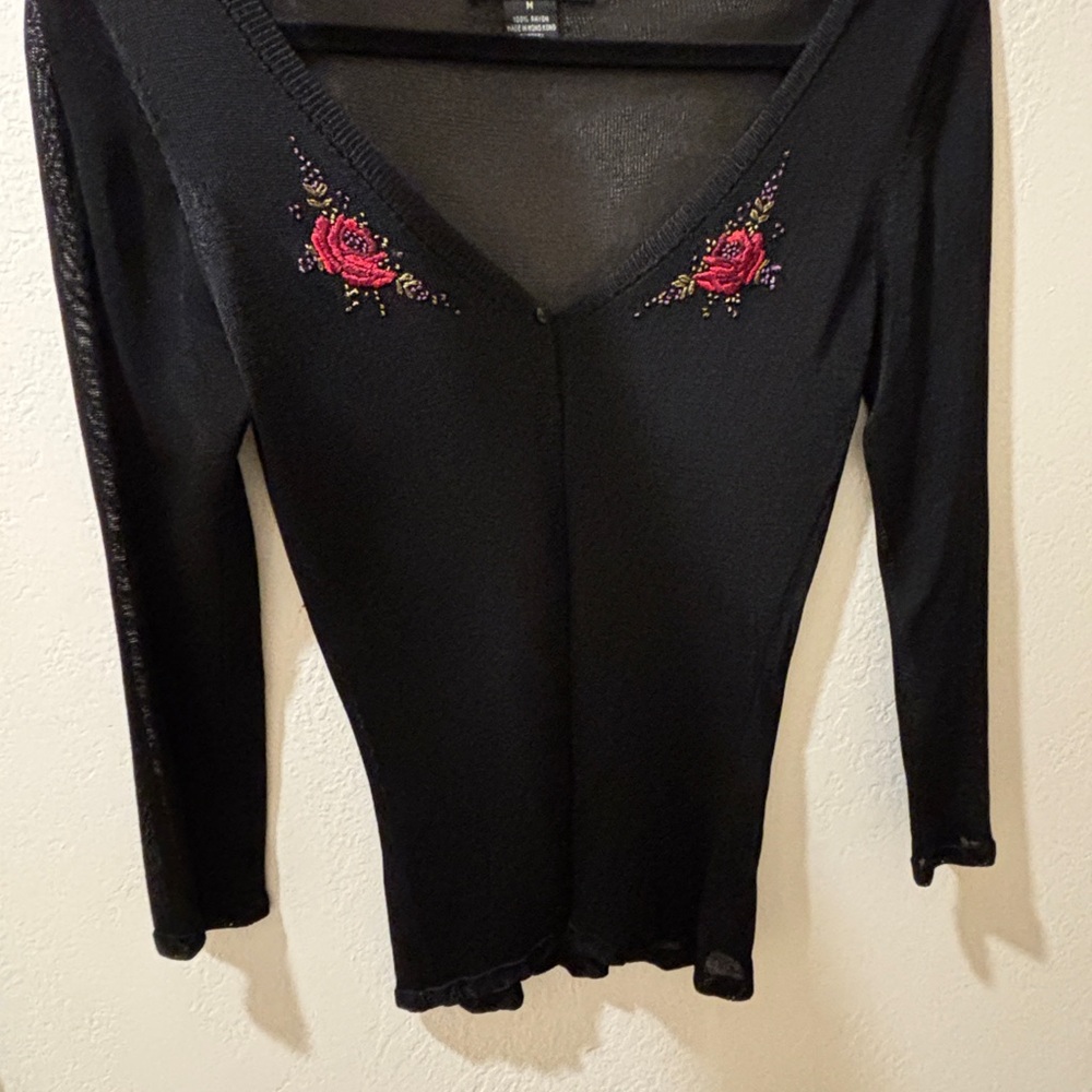 Black 2/3-Sleeve Button-up Wrap Sweater, red rose embroidery M (fits like Small)